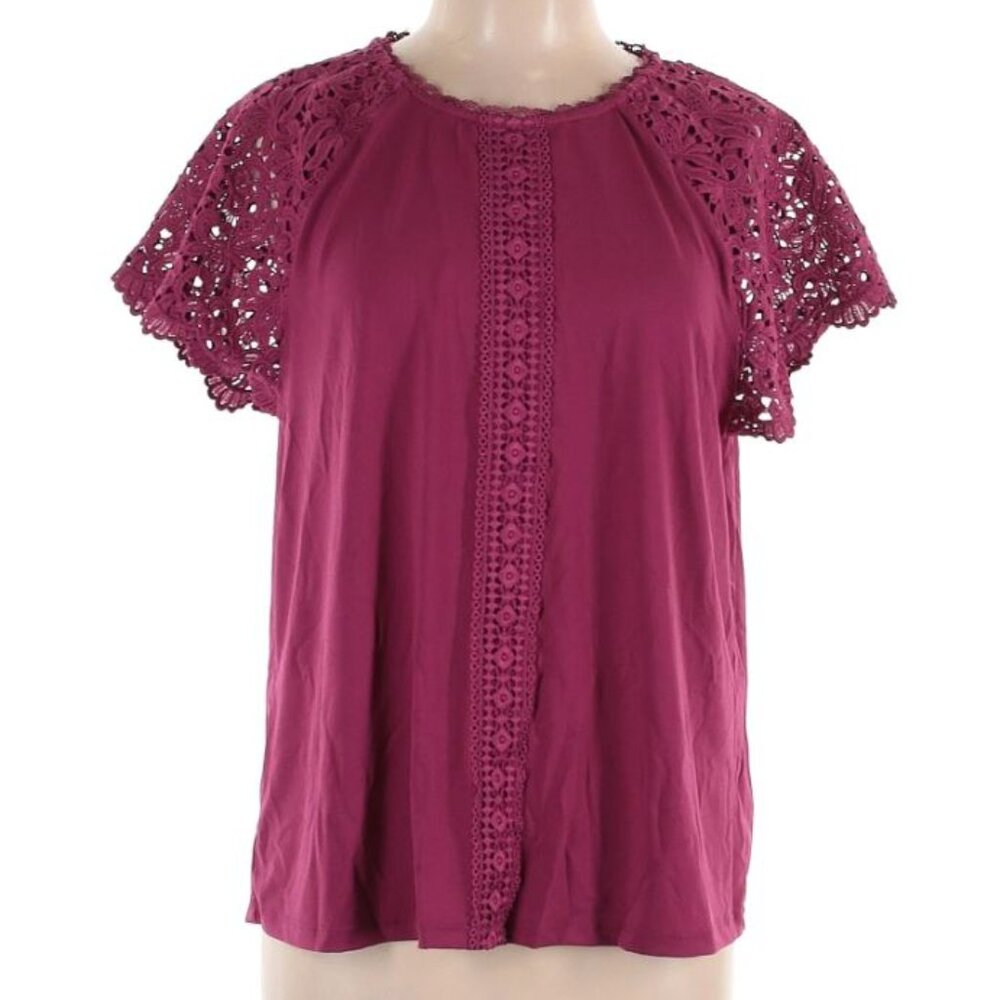 Cable & Gauge Lace Trim Top, Boysenberry (Pink/Purple), Medium